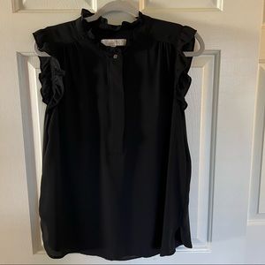 LOFT Black Sleeveless Blouse with Button and Ruffle Detail